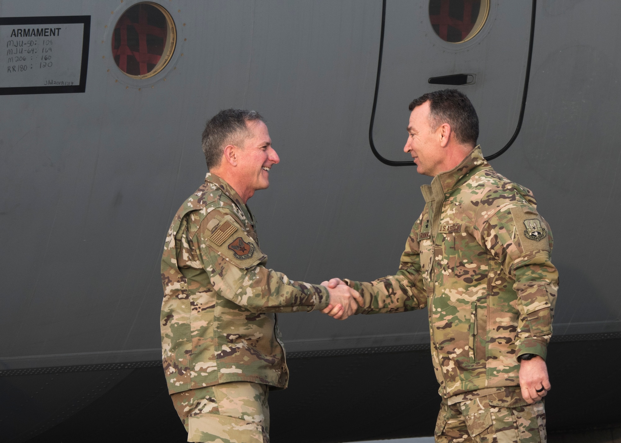 Air Force Chief of Staff Gen. David L. Goldfein is greeted by Maj. Gen. Chad Franks, the Deputy Commander, Operations and Intelligence, Combined Joint Task Force-Operation Inherent Resolve, during a visit to an undisclosed location in Southwest Asia, Dec. 20, 2018. Goldfein visited to meet with Airmen during the holiday season and to discuss current operations supported by the U.S. Air Force. (U.S. Air Force photo by Staff Sgt. Jeremy L. Mosier)