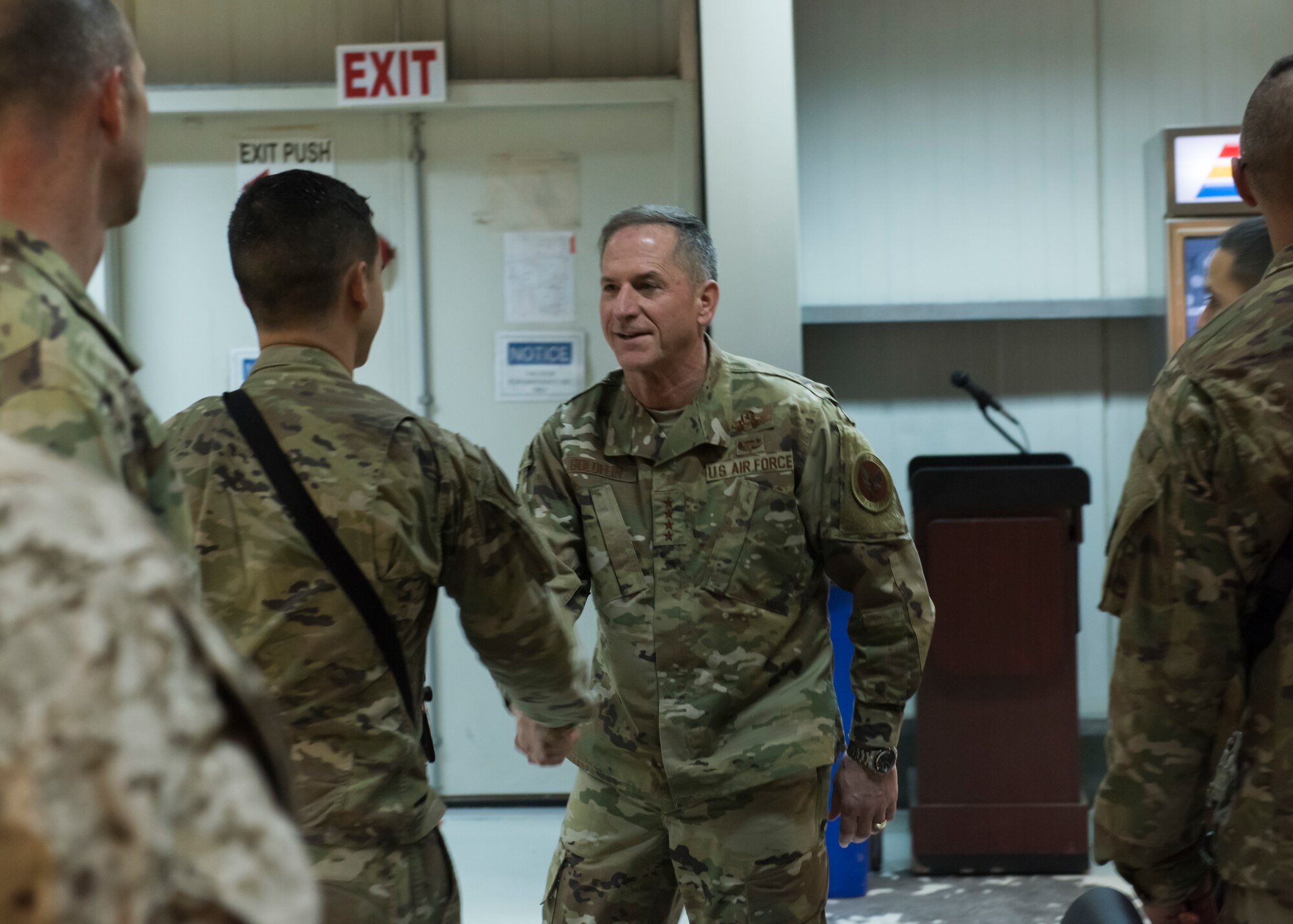 Air Force Chief of Staff Gen. David L. Goldfein shakes an Airman's hand upon arrival to an undisclosed location in Southwest Asia, Dec. 20, 2018. Service members of different branches were given the opportunity to shake hands and welcome Goldfein during his visit. (U.S. Air Force photo by Staff Sgt. Jeremy L. Mosier)