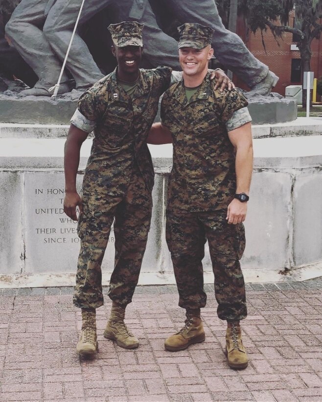 Capt. Ziaire O'Brien, left, and 1st Lt. Luke Johnson started out as classmates at high school in Beaufort, South Carolina. Their relationship has forged into a brotherhood in the Marine Corps and has returned them to the place they grew up. (Photo courtesy of Capt. Ziaire O'Brien)