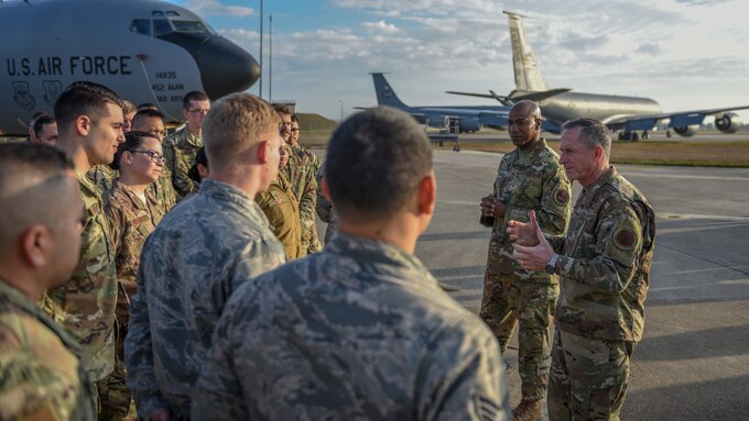 Air Force Chief of Staff Gen. David L. Goldfein and Chief Master Sgt. of the Air Force Kaleth O. Wright speak with U.S. Air Force Airmen assigned to the 22nd Expeditionary Air Refueling Squadron during a visit at Incirlik Air Base, Turkey, Dec. 23, 2018.