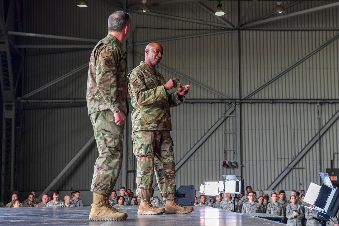 Air Force Chief and Chief Master Sgt. of the Air Force speak during an all-call.