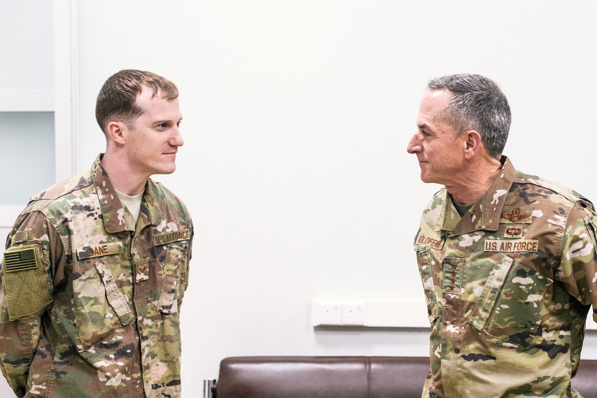 Air Force Chief of Staff Gen. David L. Goldfein recognizes a deployed Airman for exceptional performance while visiting an undisclosed location in Southwest Asia, Dec. 22, 2018. Goldfein spent time visiting with deployed Airmen across U.S. Central Command’s area of responsibility. Goldfein serves as the senior uniformed Air Force officer responsible for the organization, training and equipping of 680,000 active-duty, Guard, Reserve and civilian forces serving in the U.S. and overseas. (U.S. Air Force photo by Staff Sgt. Jordan Castelan)