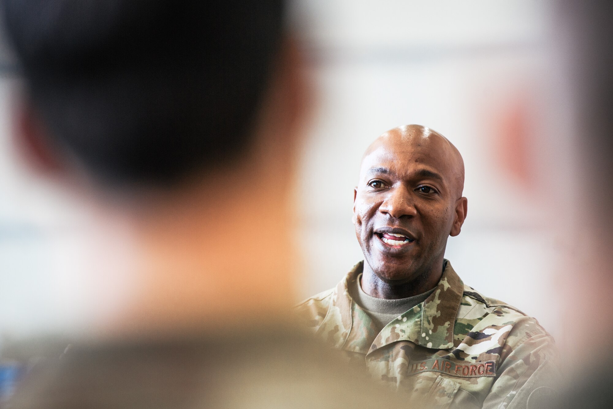 Chief Master Sgt. of the Air Force Kaleth O. Wright discusses current events and the sustained outstanding work of deployed Airmen at an undisclosed location in Southwest Asia, Dec. 22, 2018. Wright represents the highest enlisted level of leadership, and as such, provides direction for the enlisted force and represents their interests to the American public and those in all levels of government. (U.S. Air Force photo by Staff Sgt. Jordan Castelan)