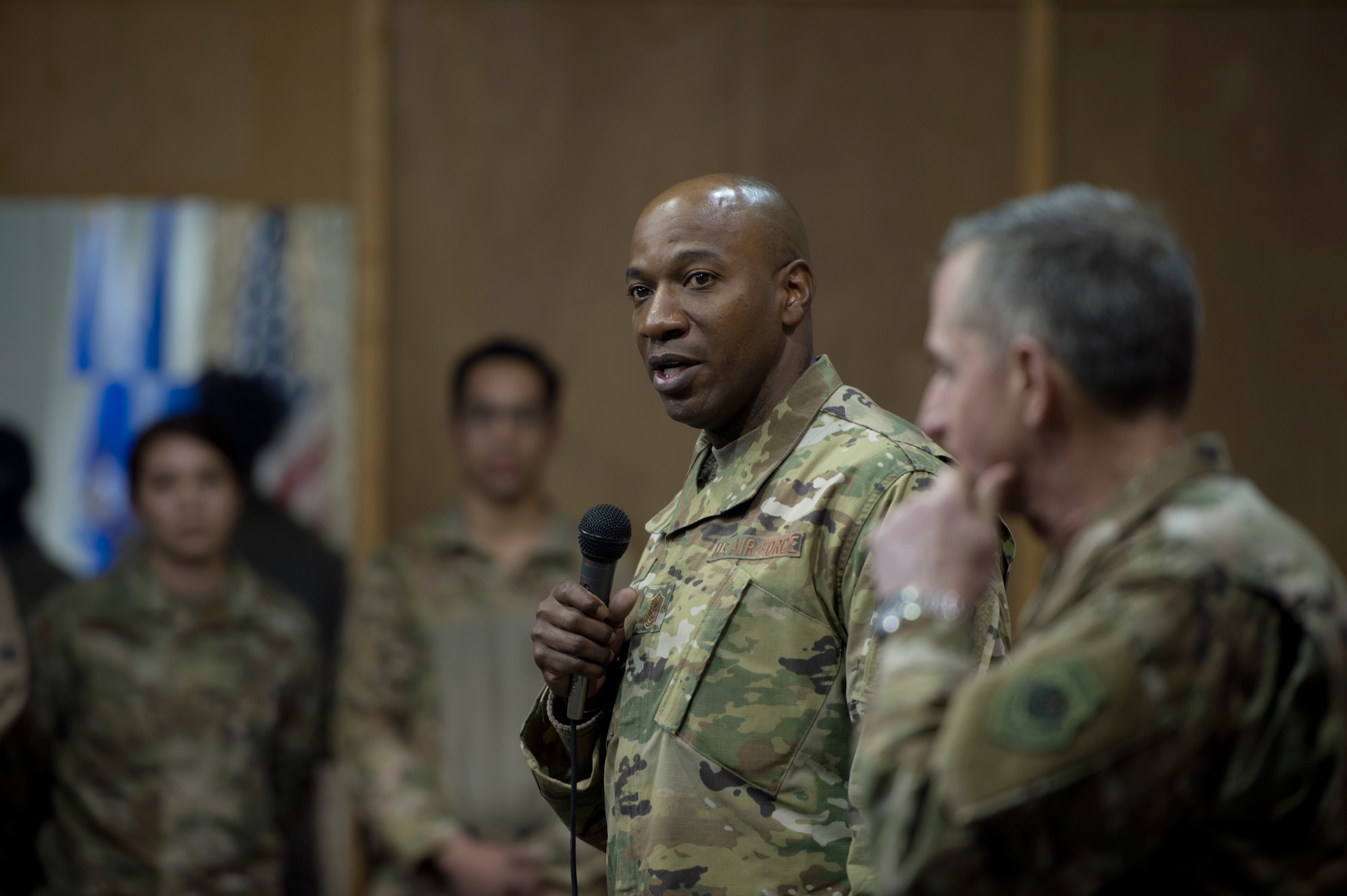 Chief Master Sgt. of the Air Force Kaleth O. Wright speaks to Airmen during an all call at Kandahar Airfield, Afghanistan Dec. 24, 2018. Wright emphasized each Airman’s importance to the mission in Afghanistan and thanked them for their service. (U.S. Air Force photo by Senior Airman Rito Smith)