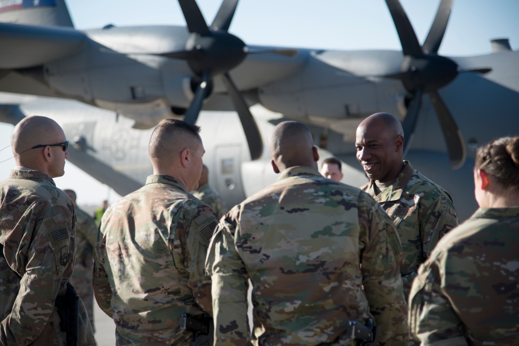 Chief Master Sgt. of the Air Force Kaleth O. Wright visits Airmen at Kandahar Airfield, Afghanistan, Dec. 24, 2018. During the visit, Wright met with different squadrons before speaking to Airmen at an all call with Air Force Chief of Staff Gen. David. L. Goldfein. (U.S. Air Force photo by Senior Airman Rito Smith)