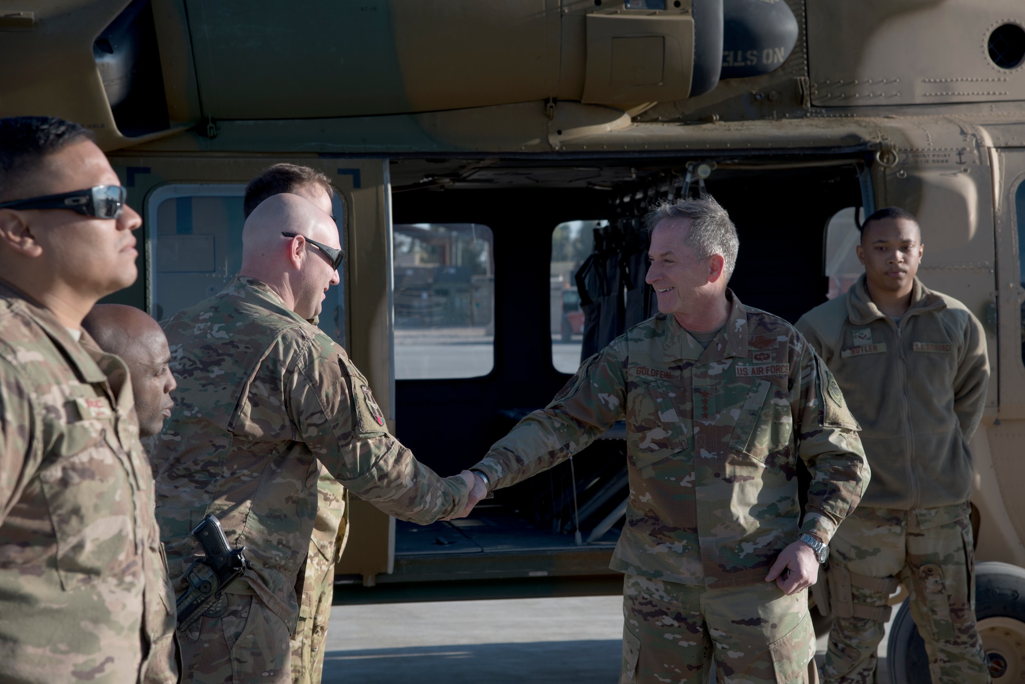 Air Force Chief of Staff Gen. David L. Goldfein visits Airmen at Kandahar Airfield, Afghanistan, Dec. 24, 2018. Goldfein visited with deployed Airmen during the holidays to say, “thank you for service,” and to listen and answer questions from America’s warfighters. (U.S. Air Force photo by Senior Airman Rito Smith)