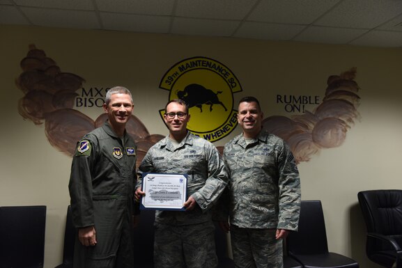 Congratulations to Staff Sgt. Casey “Chili” Chillemi, 39th Maintenance Squadron munition operations NCO in charge, for winning the Larger Than Life Award at Incirlik Air Base, Turkey, Dec. 26, 2018.