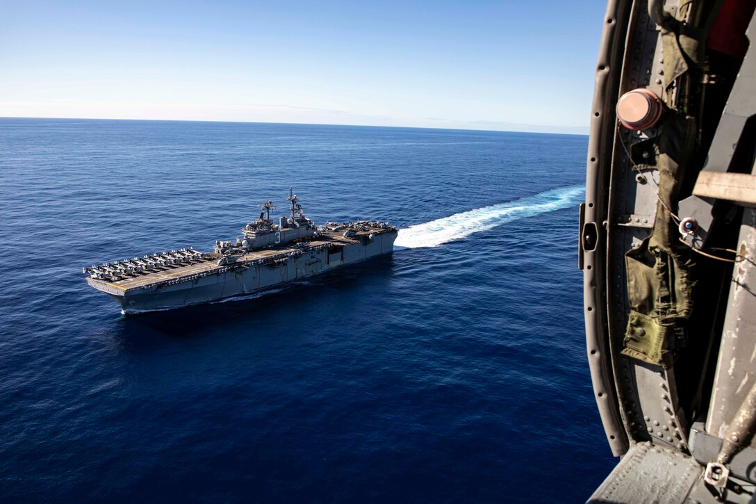 The Wasp-class amphibious assault ship USS Kearsarge sails across the Atlantic Ocean Dec. 23, 2018. Marines and Sailors with the 22nd Marine Expeditionary Unit and Kearsarge Amphibious Ready Group are currently underway for a deployment to the U.S. 5th and 6th Fleet areas of responsibility.