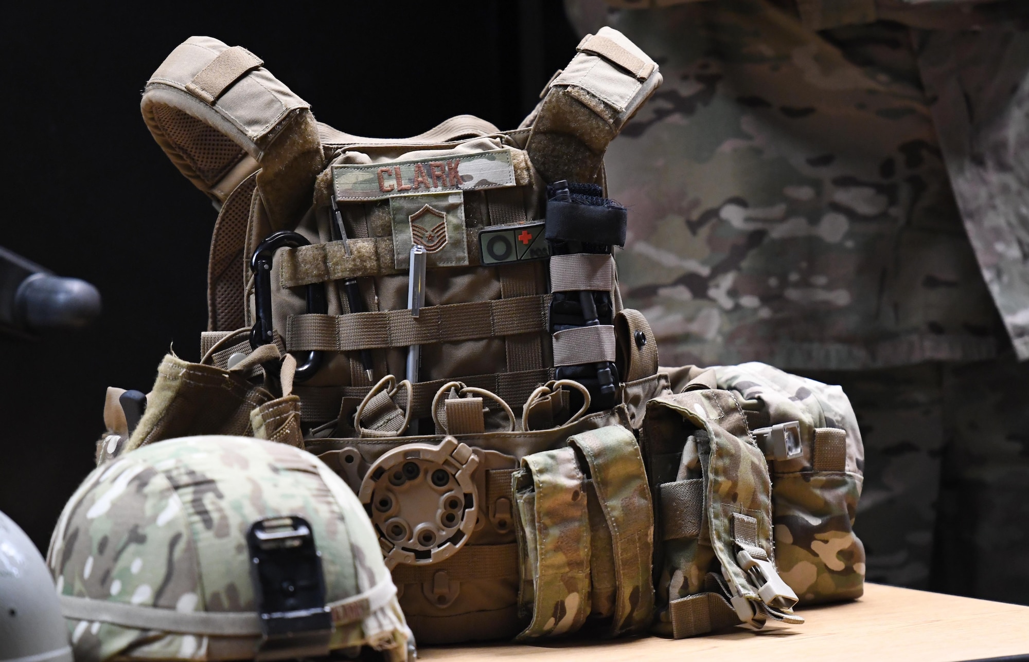 A kevlar vest worn by members of the 81st Security Forces Squadron is displayed during the 81st SFS Day In The Life Of A Defender event Keesler Air Force Base, Mississippi, Dec. 18, 2018. The event, which was the kick-off for the Year Of The Defender, allowed the 81st SFS to showcase their training and mission capabilities to Keesler leadership. (U.S. Air Force photo by Kemberly Groue)