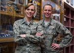 Staff Sgts. Erica Blanchette and Alyssa Nelson pose for a photo Dec. 20, 2018, at Bangor National Guard Base, Maine. The sisters, who are also identical twins, swore in eight months apart.