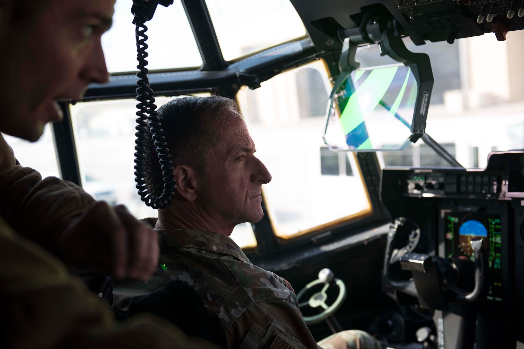 Air Force Chief of Staff Gen. David L. Goldfein listens to Capt. Zachary Tolbert, 774th Expeditionary Airlift Squadron pilot, talk about the C-130J Super Hercules mission at Bagram Airfield, Afghanistan, Dec. 25, 2018. Goldfein and Chief Master Sgt. of the Air Force Kaleth O. Wright visited Airmen throughout U.S. Central Command’s area of responsibility to offer guidance and thank them for their contributions to the mission. (U.S. Air Force photo by Senior Airman Kaylee Dubois)