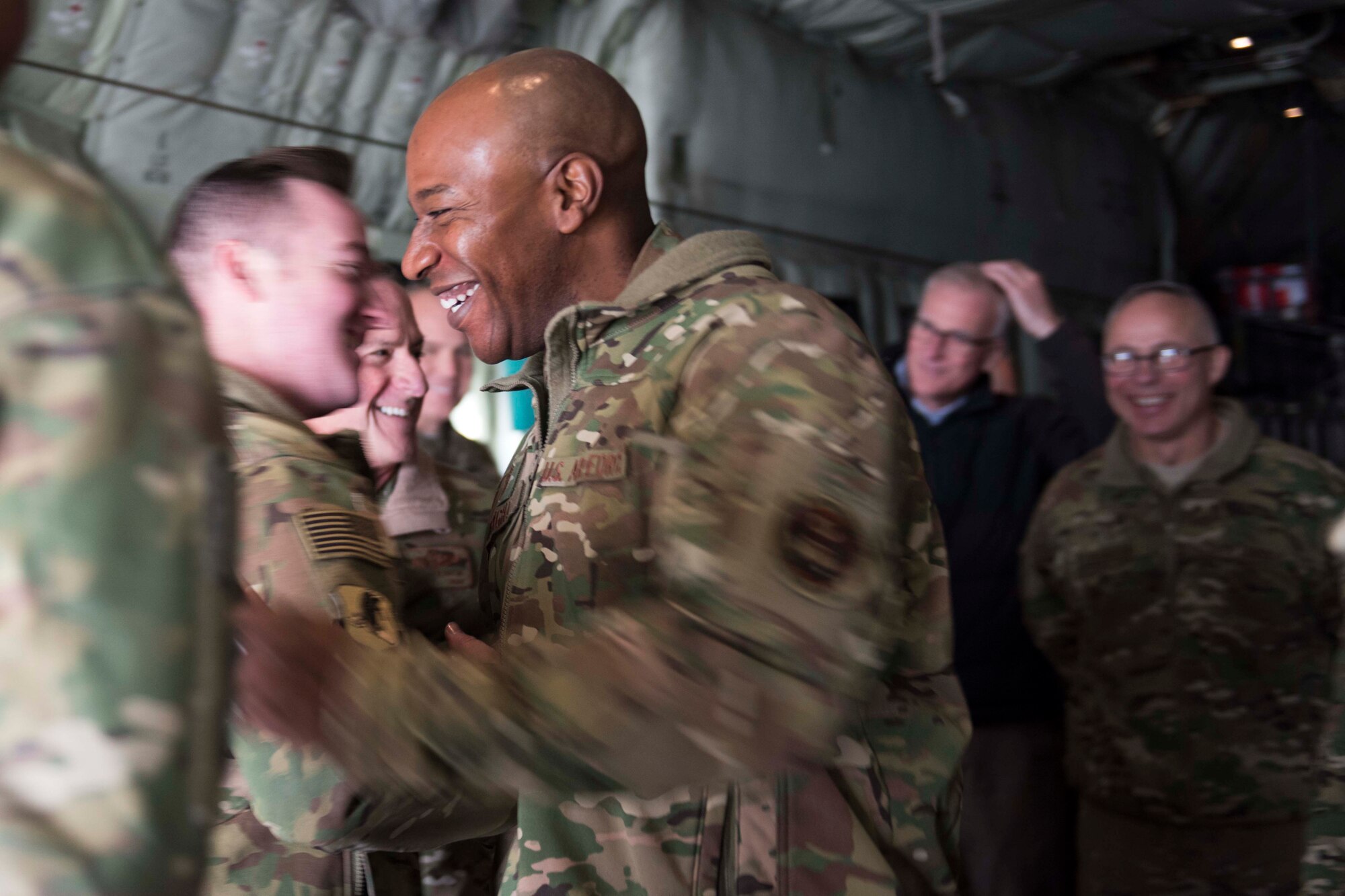Chief Master Sgt. of the Air Force Kaleth O. Wright greets Staff Sgt. Colin Selch, 774 Expeditionary Airlift Squadron loadmaster, during a visit to Bagram Airfield, Afghanistan, Dec. 25, 2018. As the highest-ranking enlisted member in the Air Force, Wright provides direction for the enlisted force and represents their interests to the American public and those in all levels of government. (U.S. Air Force photo by Senior Airman Kaylee Dubois)