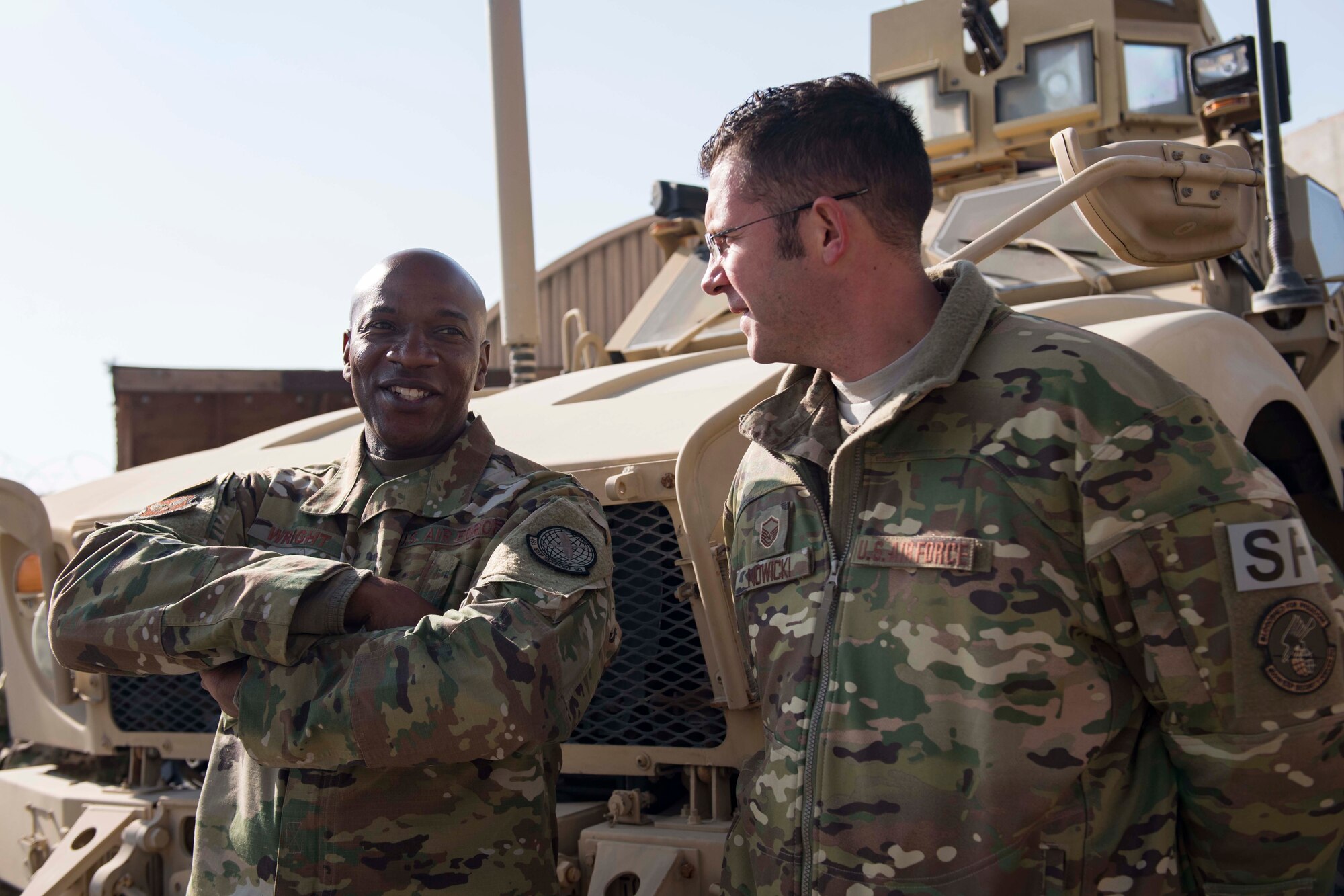 Chief Master Sgt. of the Air Force Kaleth O. Wright talks with Master Sgt. Steven Nowicki, 455th Expeditionary Security Forces Squadron operations superintendent, during a visit to Bagram Airfield, Afghanistan, Dec. 25, 2018. Wright thanked deployed Airmen for their contributions to the fight, especially during the holiday season. (U.S. Air Force photo by Senior Airman Kaylee Dubois)