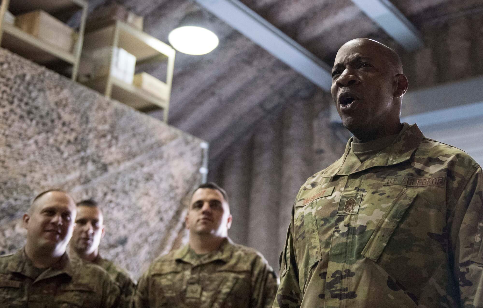 Chief Master Sgt. of the Air Force Kaleth O. Wright leads Airmen in the 455th Expeditionary Communications Squadron chant during a visit to Bagram Airfield, Afghanistan, Dec. 25, 2018. Wright responded to a variety of questions to include changes to the enlisted assignments system. (U.S. Air Force photo by Senior Airman Kaylee Dubois)