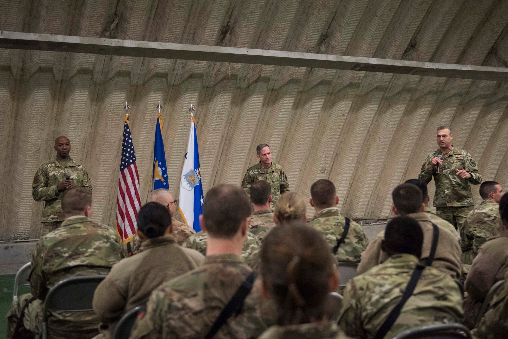 Lt. Gen. Joseph Guastella, U.S. Air Forces Central Command commander, answers a question during a 455th Air Expeditionary Wing “all call” at Bagram Airfield, Afghanistan, Dec. 25, 2018. Guastella traveled to Afghanistan with Air Force Chief of Staff Gen. David L. Goldfein and Chief Master Sgt. of the Air Force Kaleth O. Wright, who discussed recent and upcoming changes in the Air Force to empower Airmen to be more resilient and effective. (U.S. Air Force photo by Senior Airman Kaylee Dubois)