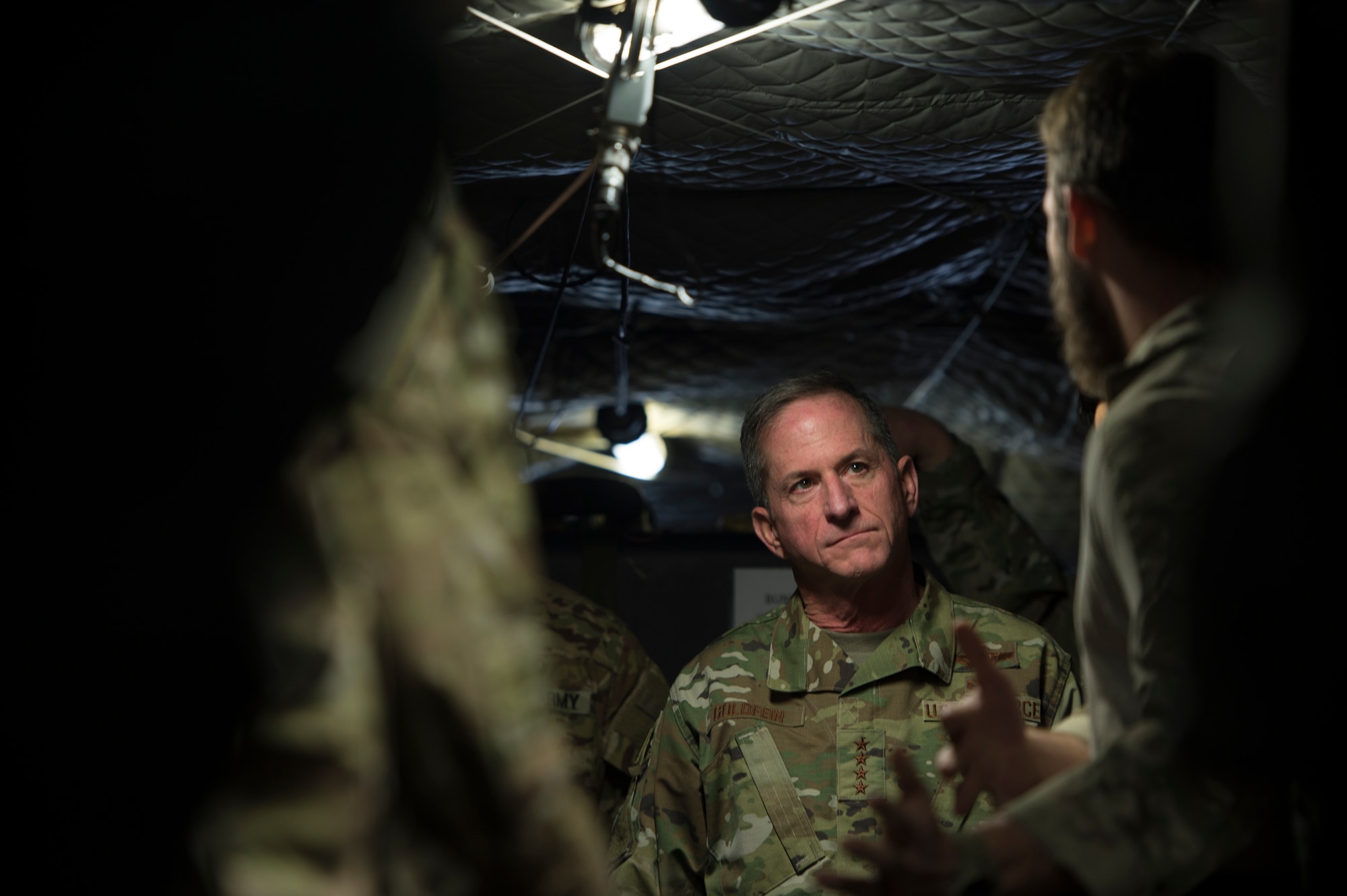 Air Force Chief of Staff Gen. David L. Goldfein visits with Airmen from the 83rd Rescue Squadron at Bagram Airfield, Afghanistan, Dec. 25, 2018. During the visit to the squadron he also met with Army National Guard CH-47 Chinook helicopter aircrew and maintainers who regularly conduct joint training and operations with 83rd RQS rescue personnel. (U.S. Air Force photo by Senior Airman Rito Smith)