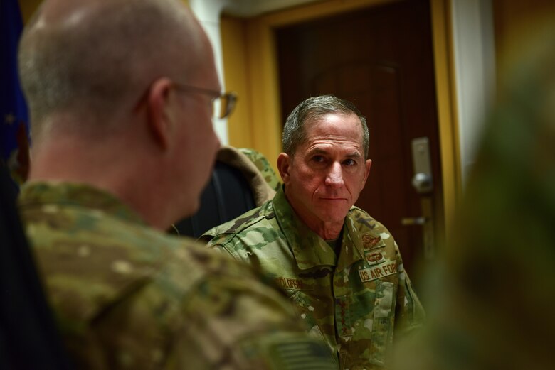 Air Force Chief of Staff Gen. David L. Goldfein listens to Brig. Gen. Joel L. Carey, Train Advise Assist Command-Air commander, as he presents a mission brief in Kabul, Afghanistan, on Dec. 24, 2018. Goldfein visited Forward Operating Base Oqab with Chief Master Sgt. of the Air Force Kaleth O. Wright to engage with deployed Airmen and personally thank them for their sacrifices during this holiday season. (U.S. Air Force photo by Staff Sgt. Ariel D. Partlow)