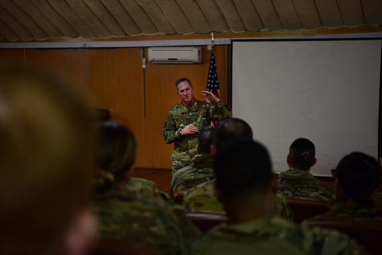 Air Force Chief of Staff Gen. David L. Goldfein answers a question during an Airman engagement in Kabul, Afghanistan, Dec. 24, 2018. Goldfein met with Airmen across the U.S. Central Command area of responsibility to thank them for their service. (U.S. Air Force photo by Staff Sgt. Ariel D. Partlow