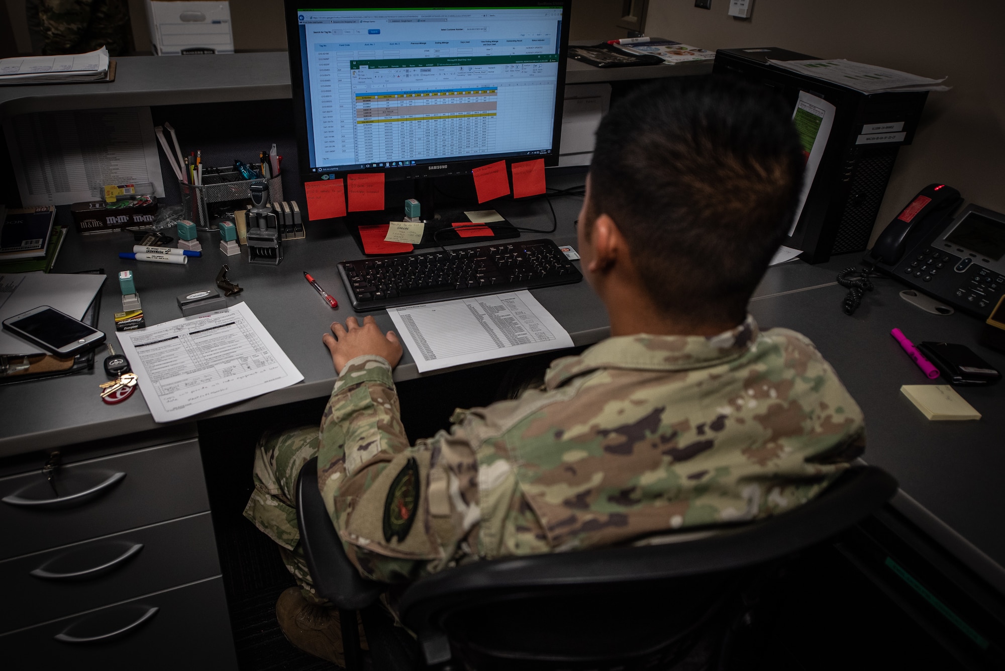 U.S. Air Force Senior Airman Jason Manipon, 20th LRS fleet management and analysis journeyman, logs vehicle miles on his computer at Shaw Air Force Base S.C., Dec. 20, 2018.