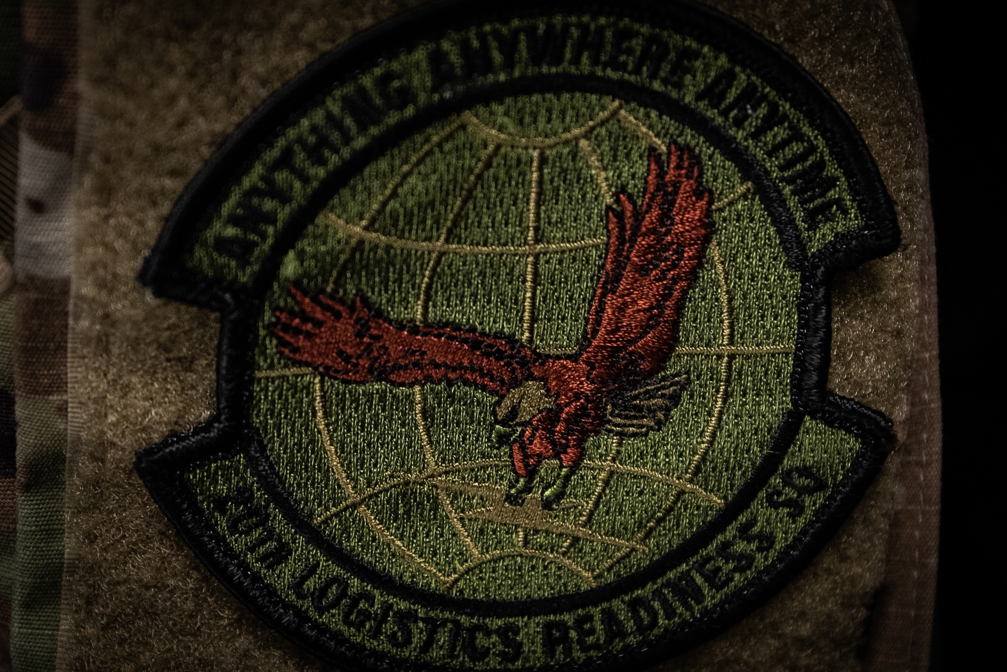 A 20th Logistics Readiness Squadron patch rests on the sleeve of Senior Airman Jason Manipon, 20th LRS fleet management and analysis journeyman, at Shaw Air Force Base, S.C., Dec. 20, 2018.