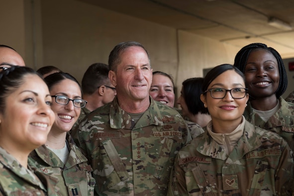 Air Force Chief of Staff Gen. David L. Goldfein stands for a photo with Airmen at Bagram Airfield, Afghanistan, Dec. 25, 2018. Goldfein and Chief Master Sgt. of the Air Force Kaleth O. Wright visited Airmen throughout U.S. Central Command’s area of responsibility to offer guidance, thanks, and listen to Airmen’s stories. (U.S. Air Force photo by Senior Airman Kaylee Dubois)