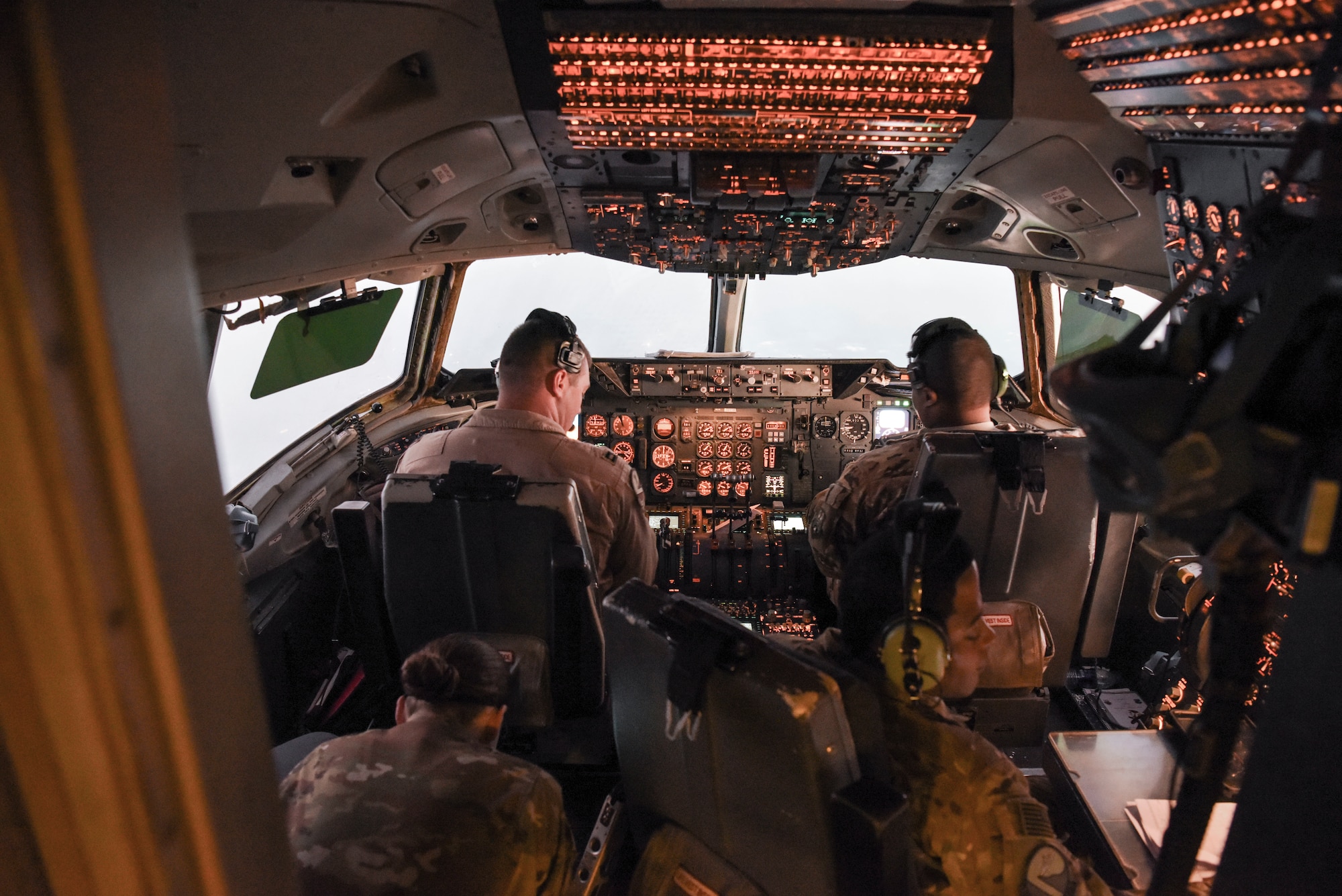 The aircrew of a 908th Expeditionary Refueling Squadron KC-10 Extender makes landing preparations after their sortie from Al Dhafra Air Base, United Arab Emirates, Dec. 19, 2018.