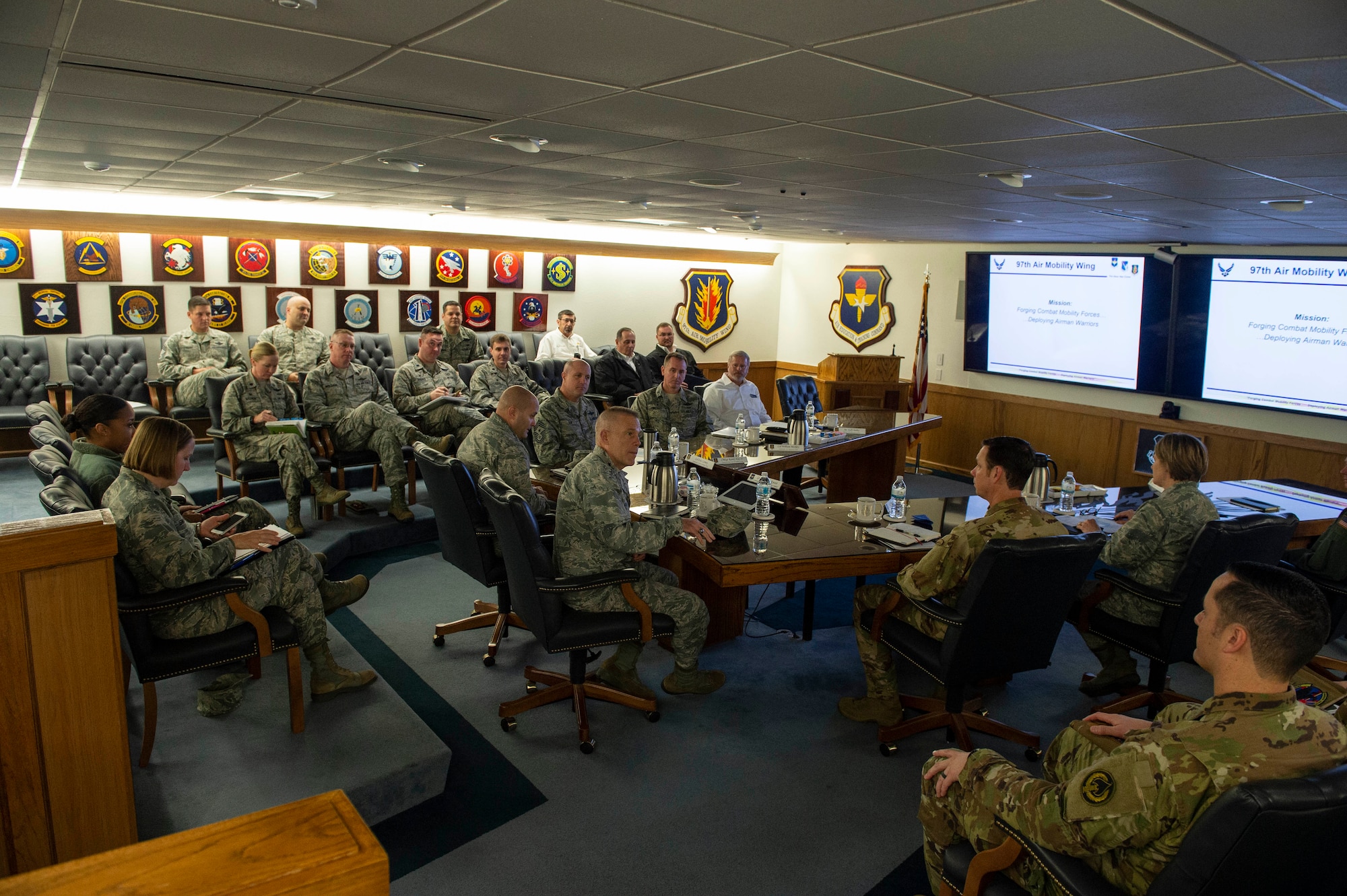 U.S. Air Force Lt. Gen. Steven Kwast, commander of Air Education and Training Command, addresses leadership of the 97th Air Mobility Wing, Dec. 18, 2018, at Altus Air Force Base, Okla. Representatives from approximately 15 different squadrons and five groups met with Kwast to explain the current operations and innovations of the 97th Air Mobility Wing. (U.S. Air Force photo by Senior Airman Cody Dowell)