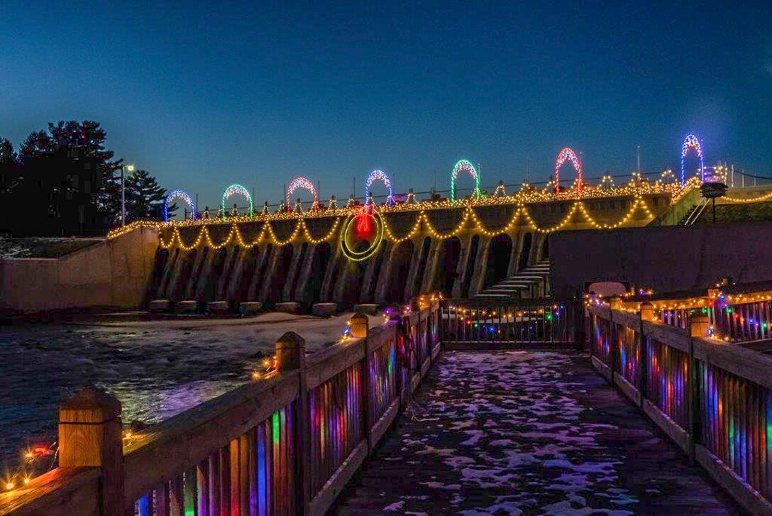 dam decorated with lights