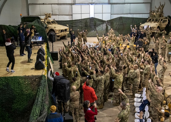 Marine Corps Gen. Joe Dunford, chairman of the Joint Chiefs of Staff, meets with deployed soldiers in Poznan, Poland, Dec. 26, 2018. Dunford, along with USO entertainers, visited service members who are away from home during the holidays. This year’s entertainers include actors Milo Ventimiglia, Wilmer Valderrama, DJ J Dayz, Fittest Man on Earth Matt Fraser, 3-time Olympic Gold Medalist Shaun White, Country Music Singer Kellie Pickler, and comedian Jessiemae Peluso.
