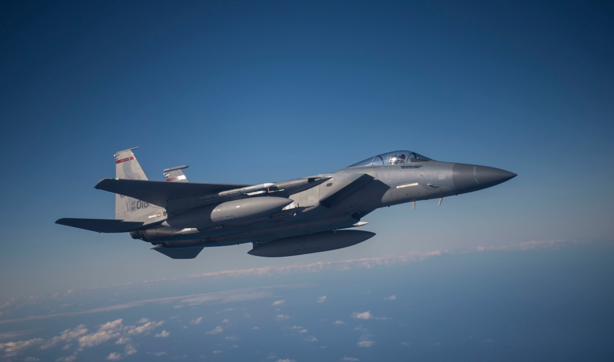 An F-15 Eagle from the Oregon Air National Guard, flies over the Pacific during an air refueling mission during Sentry Aloha 19-1 Dec. 13, 2018