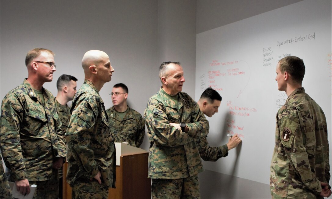 The Marine Corps University (MCU) Energy & Innovation Scholars Program met on Wednesday, December 12 at the Brute Krulak Center for Innovation and Creativity.  Marine teams have been working on solutions to energy-related problems on the battlefield.  Lt. Gen. Charles G. Chiarotti, deputy commandant for Installations and Logistics, reviewed each team’s proposal.