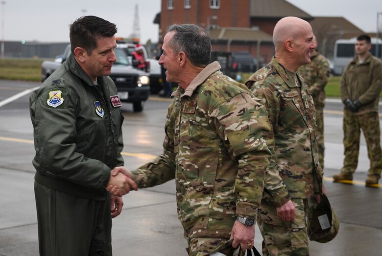U.S. Air Force Col. Christopher Amrhein, 100th Air Refueling Wing commander, greets Air Force Chief of Staff Gen. David L. Goldfein as he arrives at RAF Mildenhall, England, Dec. 26, 2018. Goldfein visited RAF Mildenhall after traveling throughout the U.S. Central Command area of responsibility with Chief Master Sgt. of the Air Force Kaleth O. Wright to thank Airmen for their service in defense of America. (U.S. Air Force photo by Tech. Sgt. Emerson Nuñez)