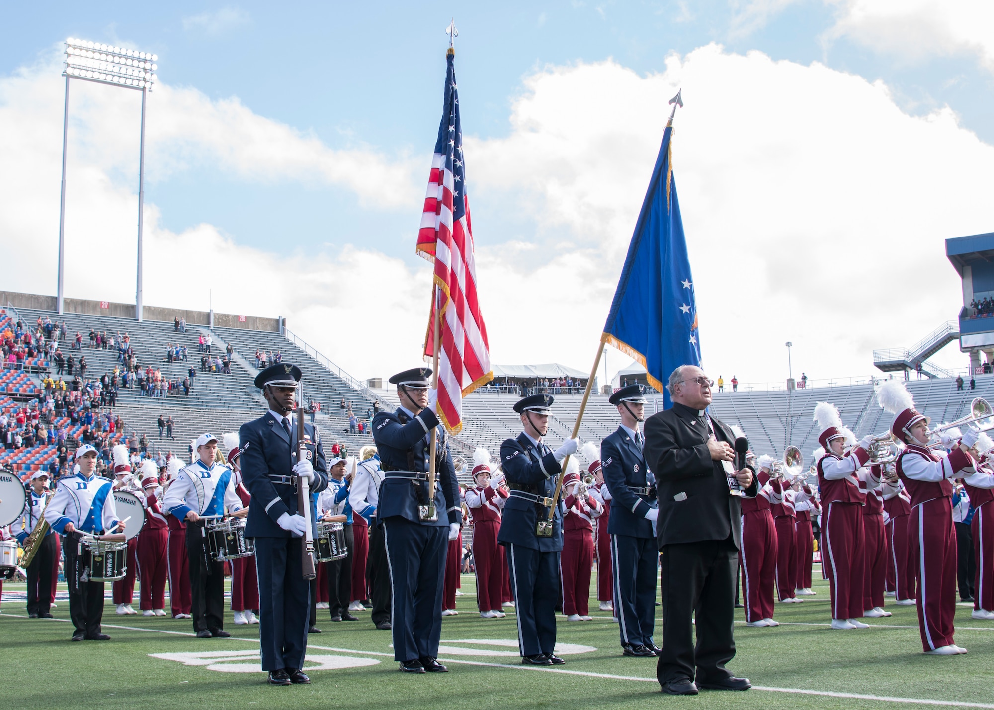 The Barksdale Air Force Base color guard presents the colors during the national anthem ahead of the 2018 Walk On’s Independence Bowl in Shreveport, Louisiana, December 27, 2018. Barksdale provided support to the bowl by providing Airmen for the color guard and trophy presentations, as well as giving the participating teams a tour of the B-52 Stratofortress and a munitions display prior to the game. (U.S. Air Force photo by Airman 1st Class Maxwell Daigle)