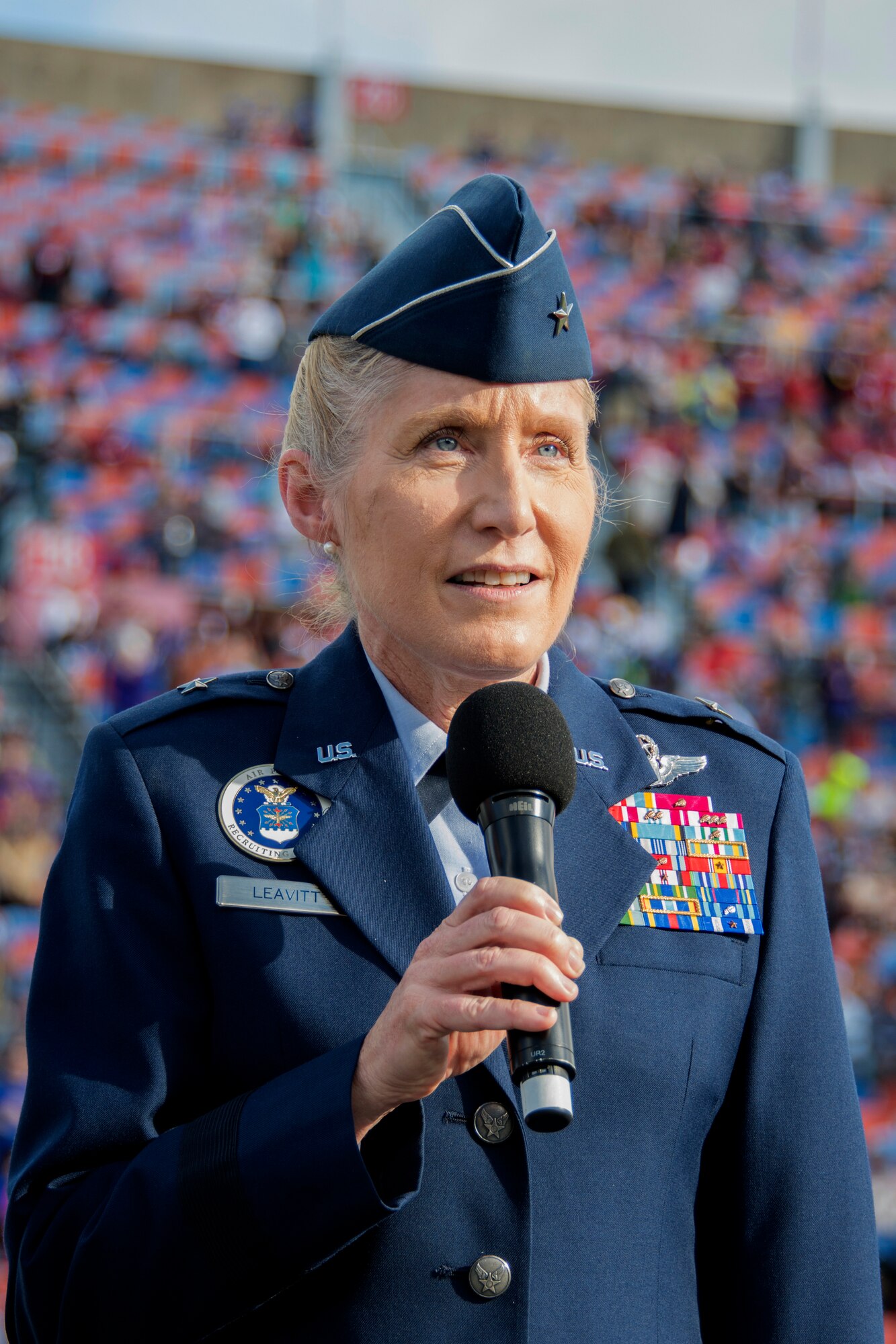 U.S. Air Force Brig. Gen. Jeannie Leavitt, commander of Air Force Recruiting Service, speaks to the crowd during while receiving the 2018 Omar Bradley “Spirit of Independence” Award during halftime of the 2018 Walk On’s Independence Bowl in Shreveport, Louisiana, December 27, 2018. The award is given to American citizens of organizations that symbolize the spirit of freedom and independence which the United States was founded. (U.S. Air Force photo by Airman 1st Class Maxwell Daigle).
