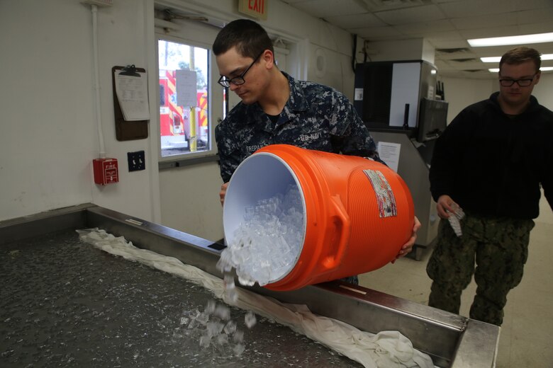 Seaman Joseph T. Frepan prepares an ice tub during the Crucible on Marine Corps Recruit Depot, Parris Island, Dec. 27, 2018.