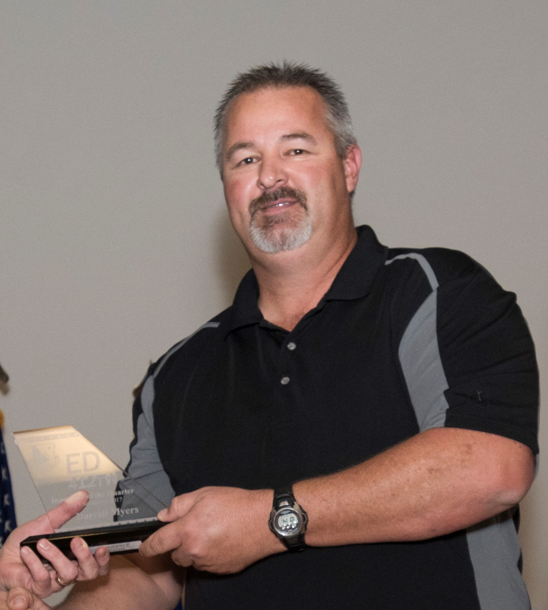 Greg Myers, 412th Range Squadron, receives his Innovator of the Quarter Award in Nov. 2017. (U.S. Air Force photo by Kyle Larson)