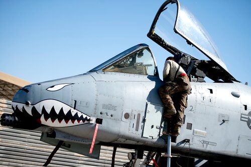 An Airman assigned to the 451st Expeditionary Aircraft Maintenance Squadron works on an A-10 at Kandahar Airfield, Afghanistan Dec. 16, 2018.