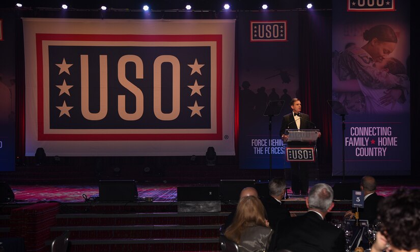 The Metropolitan New York USO President and CEO Brian Whiting, gives a speech during the 57th Annual USO Armed Forces Gala at the New York Marriott Marquis in New York City, Dec. 12, 2018. The gala is an entertainment and dinner held in honor and support of the men, women and families of the U.S. Armed Forces. (U.S. Air Force photo by Airman 1st Class Ariel Owings)