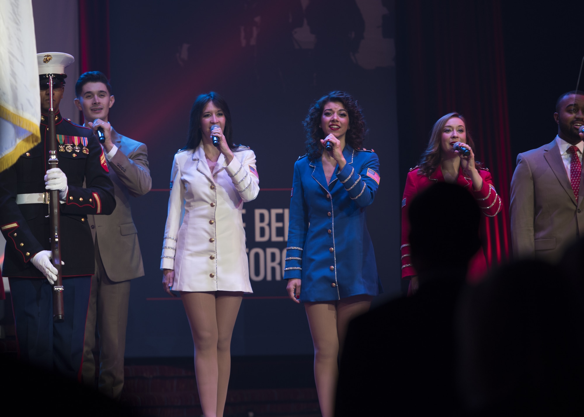The USO Show Troupe performs during the 57th Annual USO Armed Forces Gala at the New York Marriott Marquis in New York City, Dec. 12, 2018. The USO Show Troupe performed the national anthem during the event that honored and celebrated military members and their families. (U.S. Air Force photo by Airman 1st Class Ariel Owings)