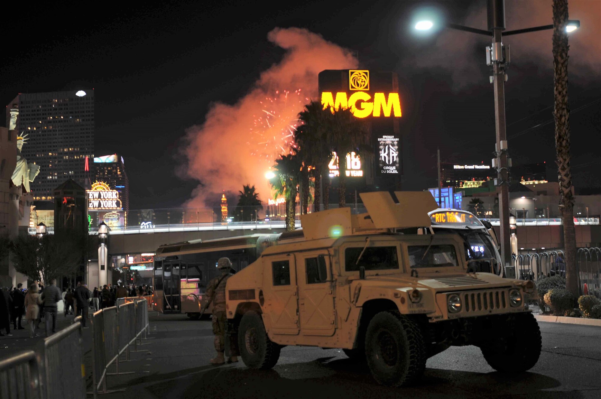 Nevada National Guard Soldiers provide security support to local law enforcement on the Las Vegas Strip as fireworks shoot from the rooftops of hotels during the 2018 New Year’s celebration.