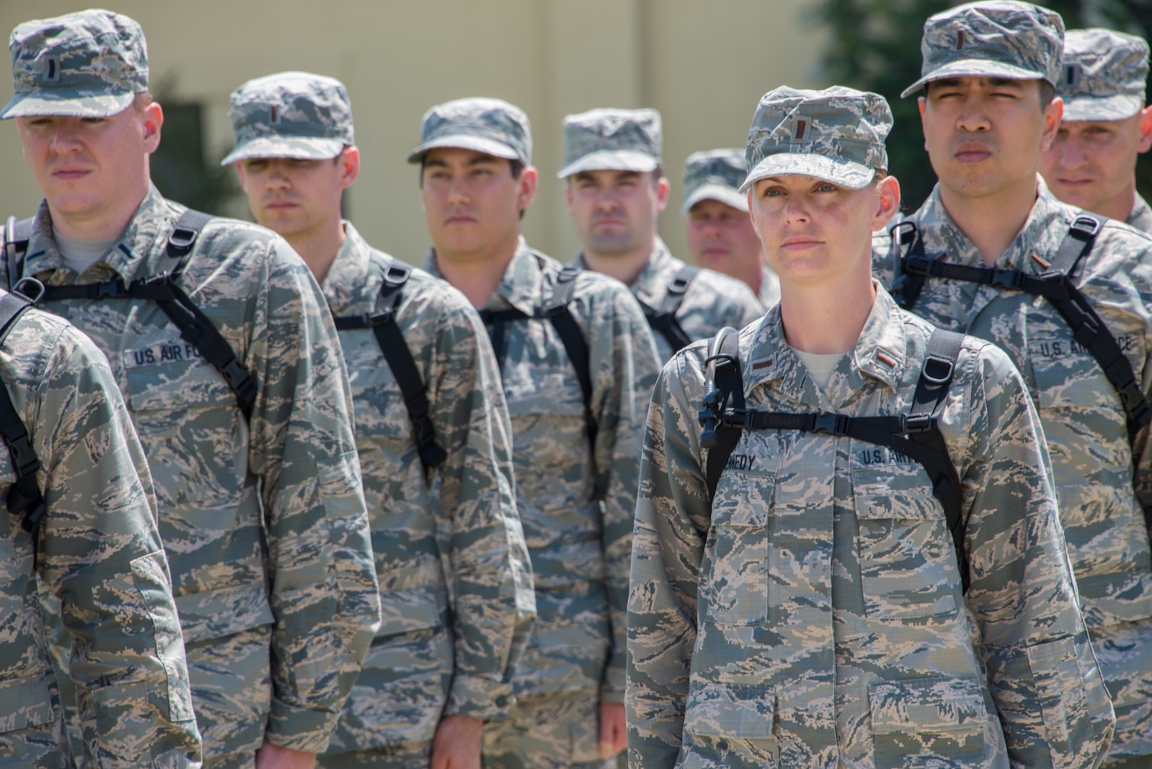 An Air Force Commissioned Officer Training course trainee stands in formation, May 24, 2018, at Maxwell Air Force Base, Alabama. OTS has recently merged COT with the Total Force Officer Training course to increase the quality and quantity of officers it can produce annually.