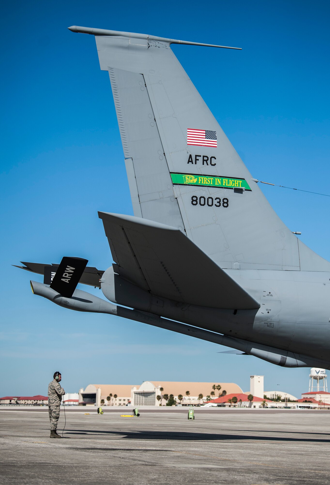 An Airman assigned to the 914th Air Refueling Wing (ARW) from Niagara Air Reserve Station, N.Y., performs a pre-flight inspection of a KC-135 Stratotanker aircraft at MacDill Air Force Base, Fla., Jan. 30, 2018.