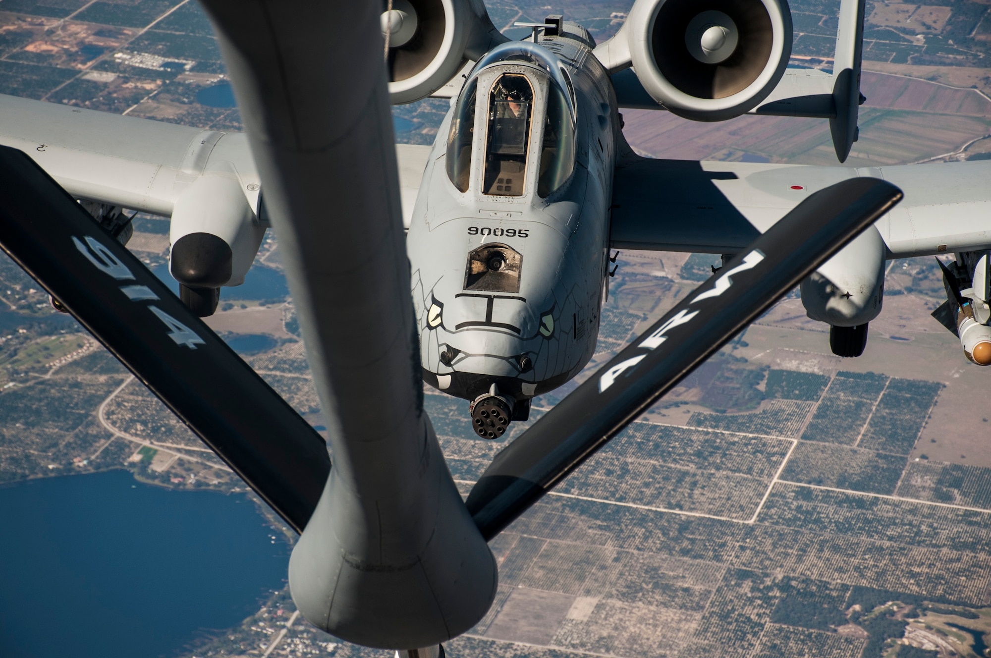An A-10 Thunderbolt II aircraft with the 122nd Fighter Wing (FW), Fort Wayne Air National Guard Station, Ind., closes in to receive fuel from a KC-135 Stratotanker over Avon Park, Fla., Jan. 30, 2018.
