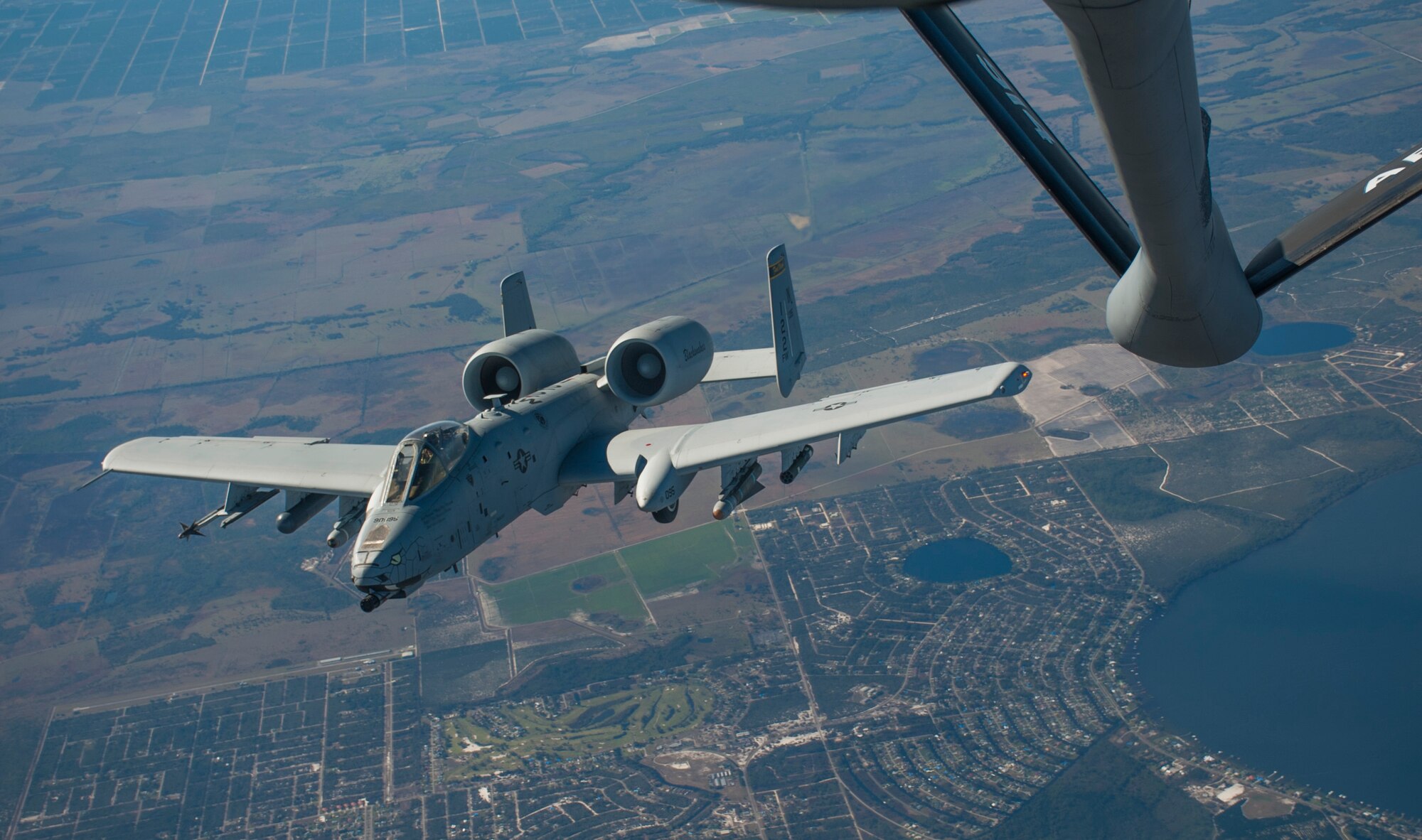 An A-10 Thunderbolt II aircraft with the 122nd Fighter Wing (FW), Fort Wayne Air National Guard Station, Ind., banks right after receiving fuel from a KC-135 Stratotanker with the 914th Air Refueling Wing (ARW), Niagara Air Reserve Station, N.Y., over Avon Park, Fla., Jan. 30, 2018.