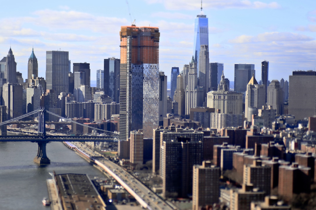 An aerial view of the Manhattan Bridge and Lower Manhattan.
