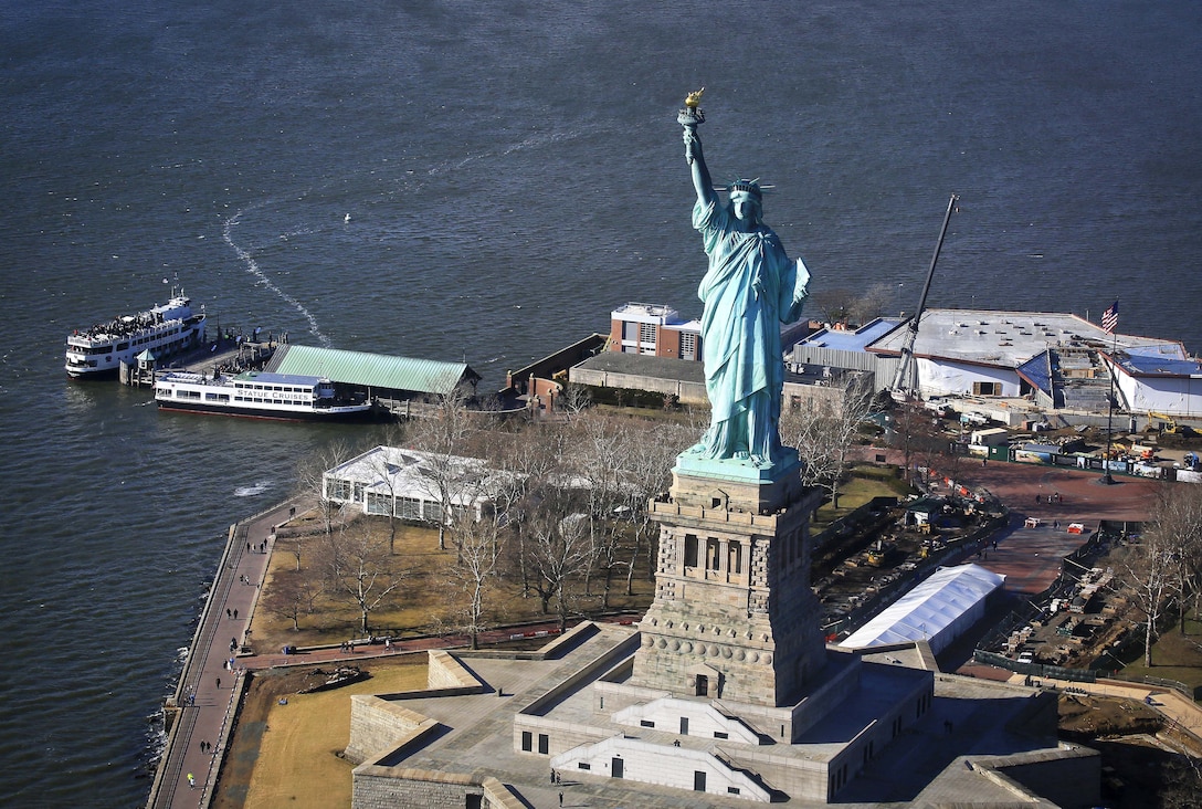 An aerial view of the Statue of Liberty on Liberty Island.