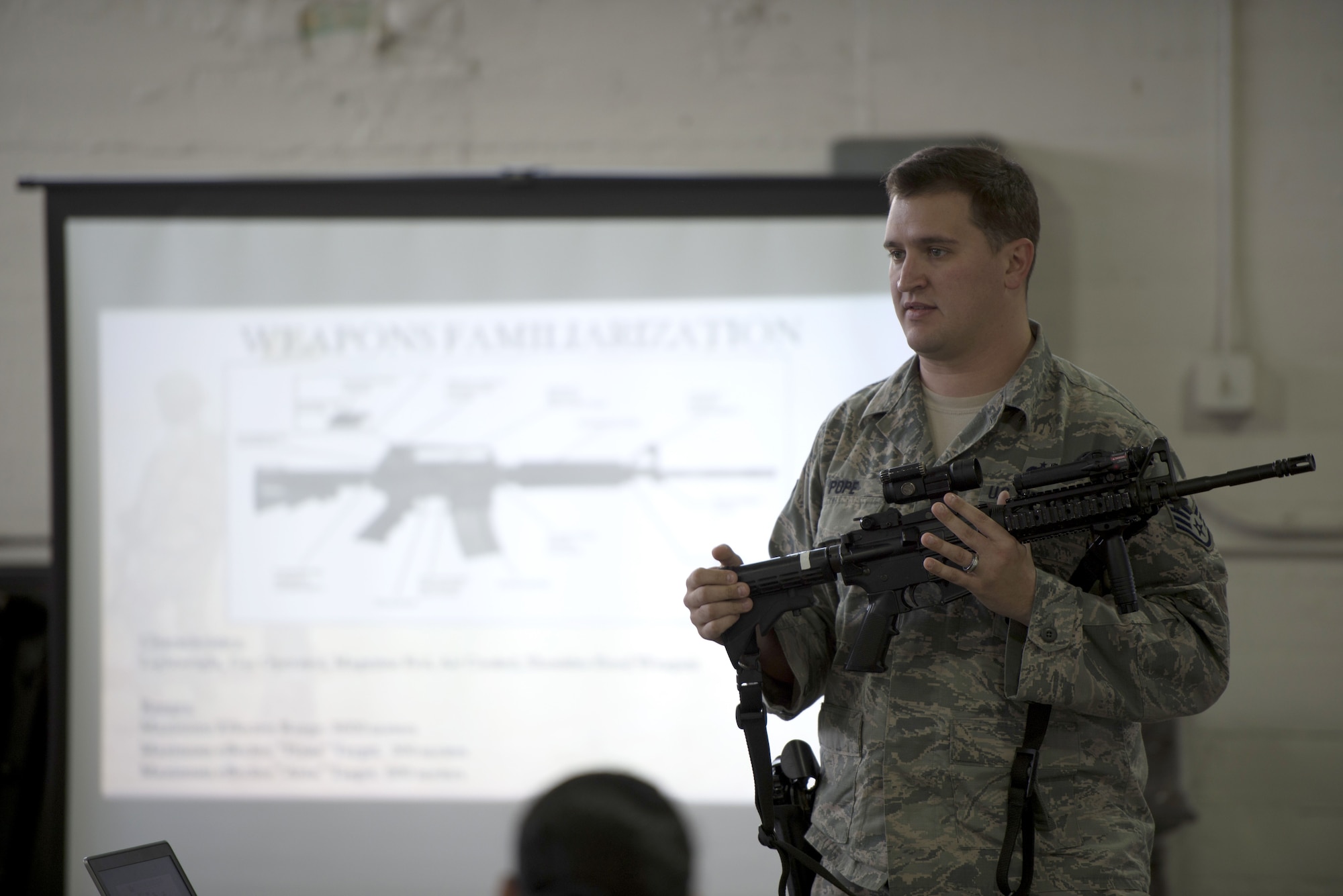 U.S. Air Force Staff Sgt. Charles Pope, a training instructor assigned to the 6th Security Forces Squadron, explains the parts of an M-4 carbine during the integrated base defense portion of Ability to Survive and Operate (ATSO) training at MacDill Air Force Base, Fla., Jan 28, 2018.
