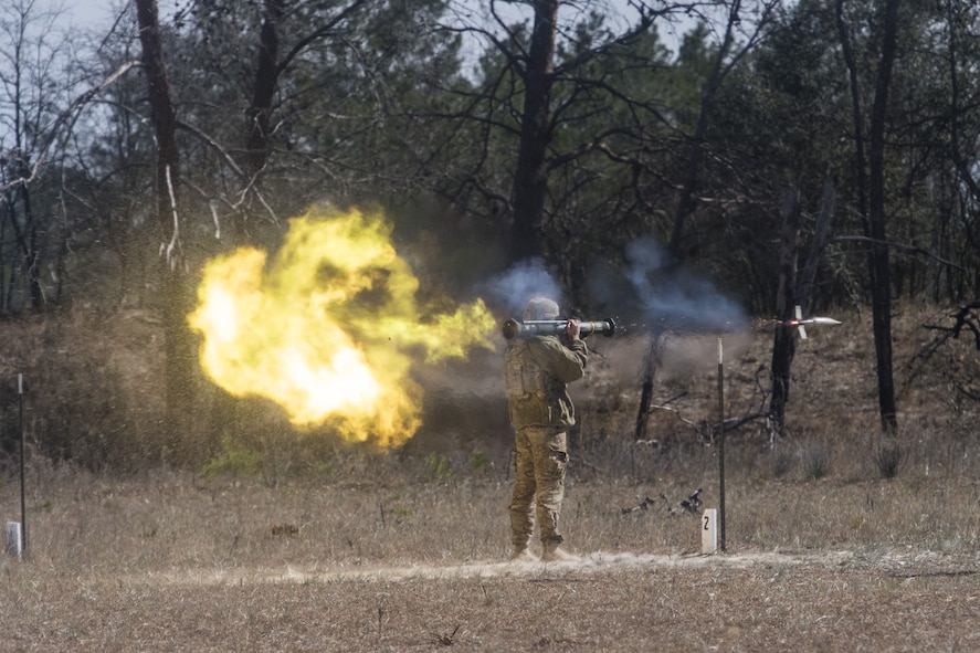 An Airman from the 824th Base Defense Squadron fires an M136E1 AT4-CS confined space light anti-armor weapon, Jan. 24, 2018, at Camp Blanding Joint Training Center, Fla. The Airmen traveled to Blanding to participate in Weapons Week where they qualified on heavy weapons ranging from the M249 light machine gun to the M18 Claymore mine. (U.S. Air Force photo by Senior Airman Janiqua P. Robinson)