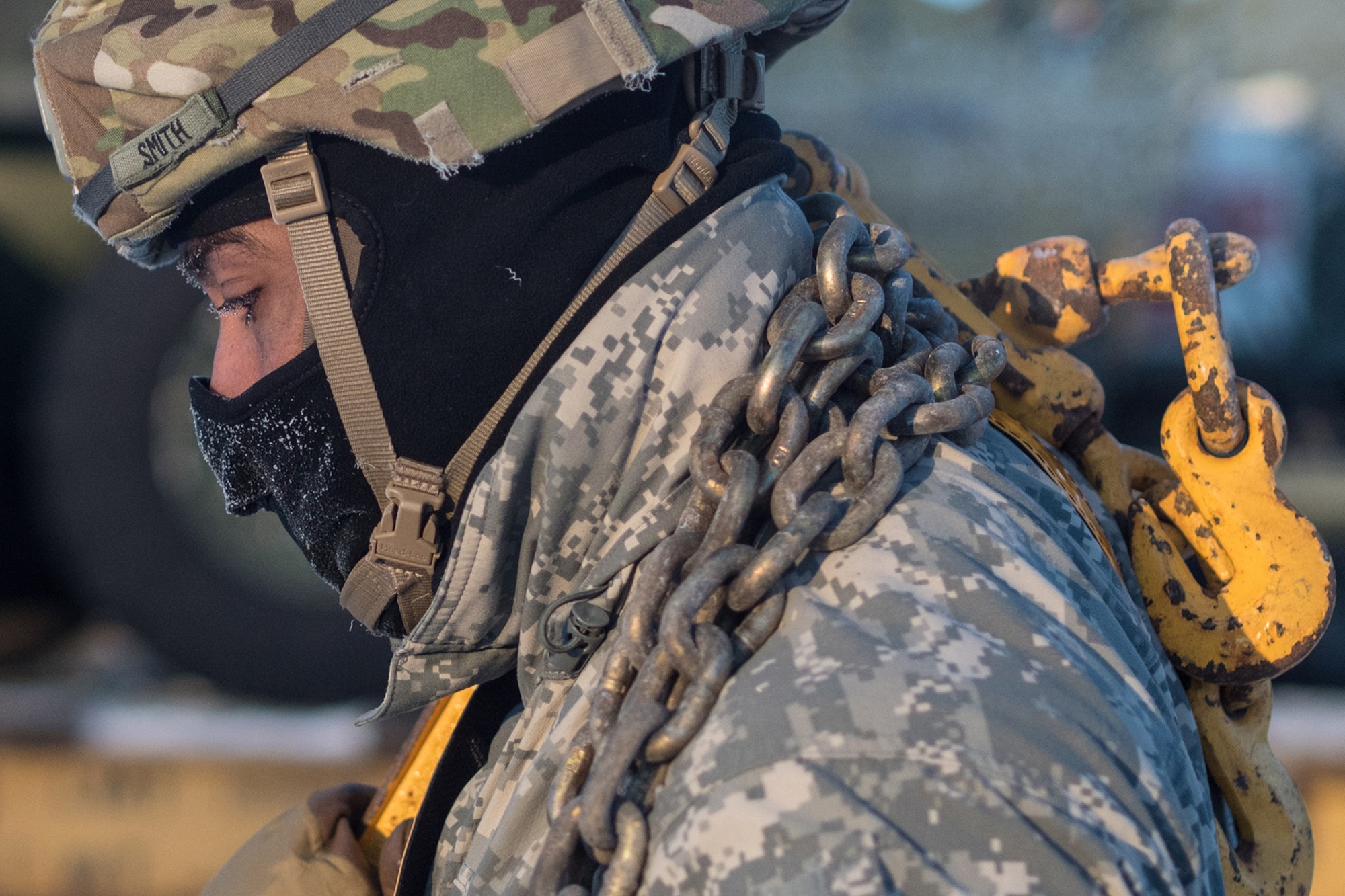 Soldiers assigned to the 1st Stryker Brigade Combat Team, 25th Infantry Division, U.S. Army Alaska, perform railhead operations in sub-zero temperatures on Joint Base Elmendorf-Richardson, Alaska, Jan. 30, 2018.  The Fort Wainwright-based Soldiers are off-loading their vehicles and equipment as part of Arctic Thrust, a short-notice rapid deployment exercise.