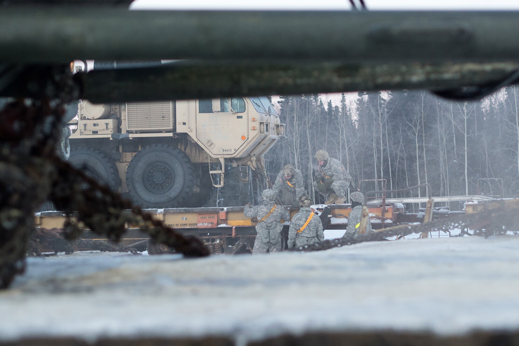 Soldiers assigned to the 1st Stryker Brigade Combat Team, 25th Infantry Division, U.S. Army Alaska, perform railhead operations in sub-zero temperatures on Joint Base Elmendorf-Richardson, Alaska, Jan. 30, 2018.  The Fort Wainwright-based Soldiers are off-loading their vehicles and equipment as part of Arctic Thrust, a short-notice rapid deployment exercise.